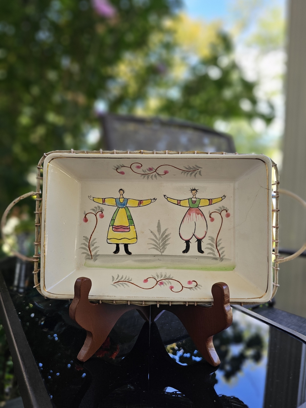 Vintage Hand-Painted Folk Art Pottery Tray – Dancing Peasant Couple